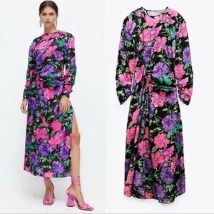 Zara Blogger Favorite Floral Printed Long Dress Floral Purple & Pink XS‎ NEW